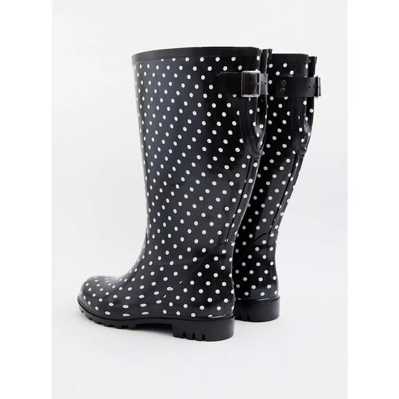 Torrid 8WW Wide Width Black/White Polka Dot Rubber Rainboots Knee Rain Boots New - Picture 4 of 4